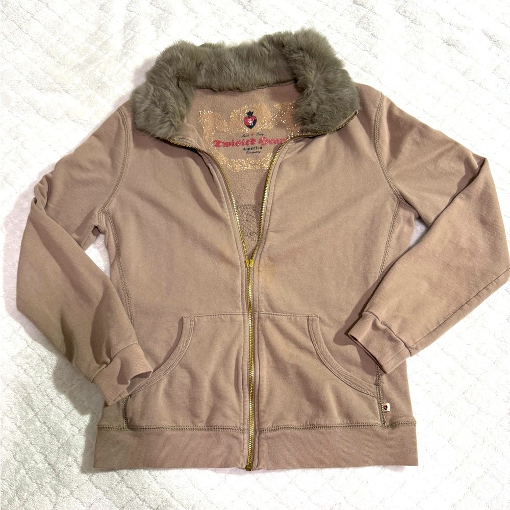 Vintage Y2K TWISTED HEART Tan Casual Jacket with Stand-up Collar